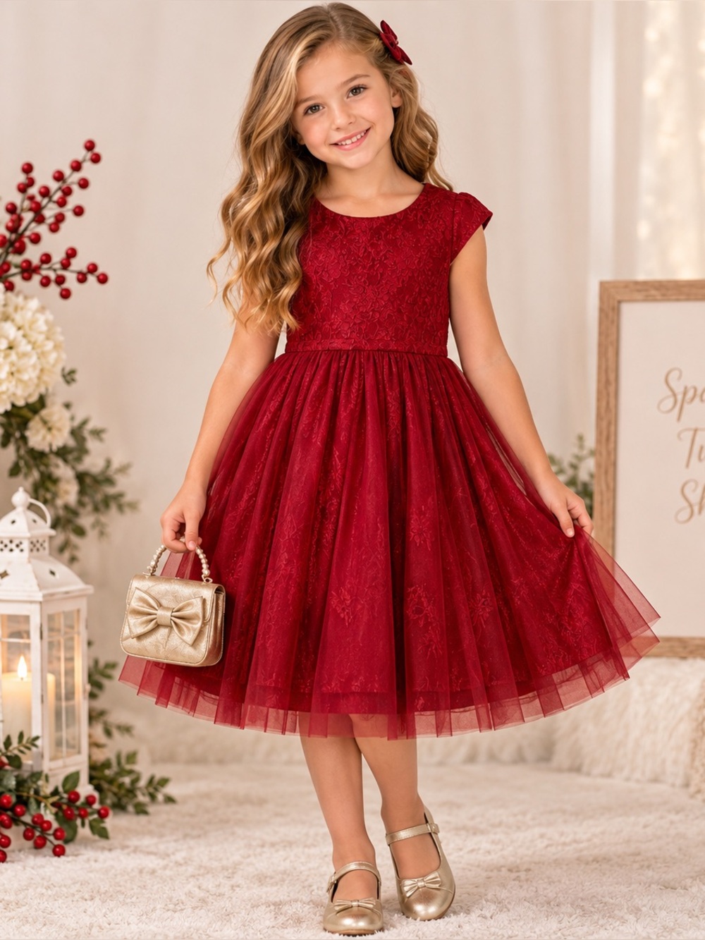 Jona Michelle Girls Size 7 Red Glitter Tulle Party Dress + Gold Purse